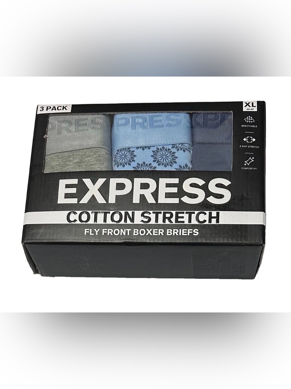 Express 3 Men's Cotton Stretch Fly Front Boxer Briefs X-Large (40-42) Blue/Gray